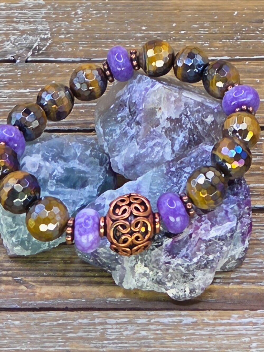 Faceted Tiger's Eye, Charoite and Copper Beaded Bracelet